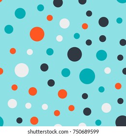 Colorful polka dots seamless pattern on bright 17 background. Bewitching classic colorful polka dots textile pattern. Seamless scattered confetti fall chaotic decor. Abstract vector illustration.