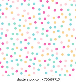 Colorful polka dots seamless pattern on white 3 background. Fair classic colorful polka dots textile pattern. Seamless scattered confetti fall chaotic decor. Abstract vector illustration.