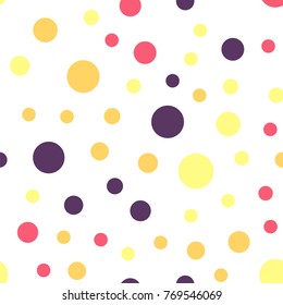 Colorful polka dots seamless pattern on white 25 background. Unique classic colorful polka dots textile pattern. Seamless scattered confetti fall chaotic decor. Abstract vector illustration.