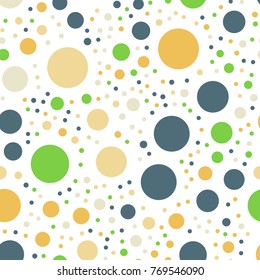 Colorful polka dots seamless pattern on white 13 background. Nice classic colorful polka dots textile pattern. Seamless scattered confetti fall chaotic decor. Abstract vector illustration.