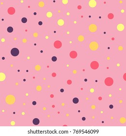 Colorful polka dots seamless pattern on bright 25 background. Fascinating classic colorful polka dots textile pattern. Seamless scattered confetti fall chaotic decor. Abstract vector illustration.