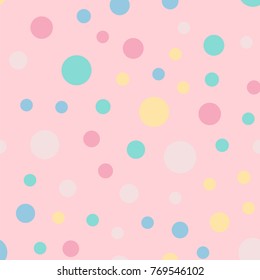 Colorful polka dots seamless pattern on bright 9 background. Exquisite classic colorful polka dots textile pattern. Seamless scattered confetti fall chaotic decor. Abstract vector illustration.