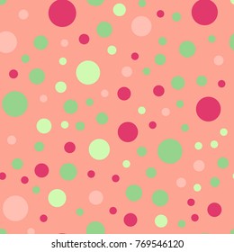 Colorful polka dots seamless pattern on bright 20 background. Incredible classic colorful polka dots textile pattern. Seamless scattered confetti fall chaotic decor. Abstract vector illustration.