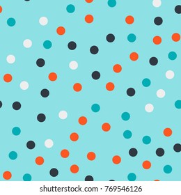 Colorful polka dots seamless pattern on bright 17 background. Captivating classic colorful polka dots textile pattern. Seamless scattered confetti fall chaotic decor. Abstract vector illustration.