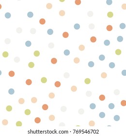 Colorful polka dots seamless pattern on black 11 background. Fantastic classic colorful polka dots textile pattern. Seamless scattered confetti fall chaotic decor. Abstract vector illustration.