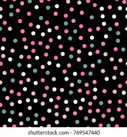 Colorful polka dots seamless pattern on black 8 background. Graceful classic colorful polka dots textile pattern. Seamless scattered confetti fall chaotic decor. Abstract vector illustration.