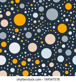 Colorful polka dots seamless pattern on bright 7 background. Bewitching classic colorful polka dots textile pattern. Seamless scattered confetti fall chaotic decor. Abstract vector illustration.