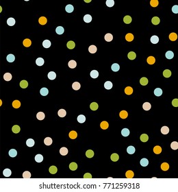 Colorful polka dots seamless pattern on black 1 background. Elegant classic colorful polka dots textile pattern. Seamless scattered confetti fall chaotic decor. Abstract vector illustration.