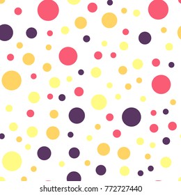 Colorful polka dots seamless pattern on black 25 background. Good-looking classic colorful polka dots textile pattern. Seamless scattered confetti fall chaotic decor. Abstract vector illustration.