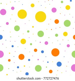 Colorful polka dots seamless pattern on white 2 background. Superb classic colorful polka dots textile pattern. Seamless scattered confetti fall chaotic decor. Abstract vector illustration.