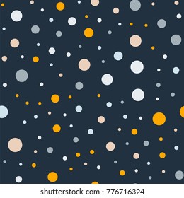 Colorful polka dots seamless pattern on bright 7 background. Symmetrical classic colorful polka dots textile pattern. Seamless scattered confetti fall chaotic decor. Abstract vector illustration.