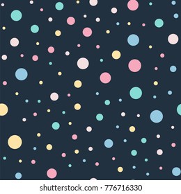 Colorful polka dots seamless pattern on black 9 background. Classy classic colorful polka dots textile pattern. Seamless scattered confetti fall chaotic decor. Abstract vector illustration.