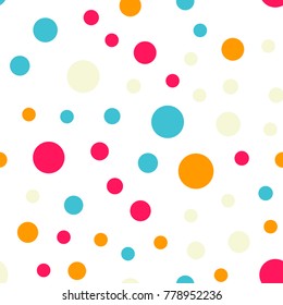 Colorful polka dots seamless pattern on white 18 background. Unusual classic colorful polka dots textile pattern. Seamless scattered confetti fall chaotic decor. Abstract vector illustration.