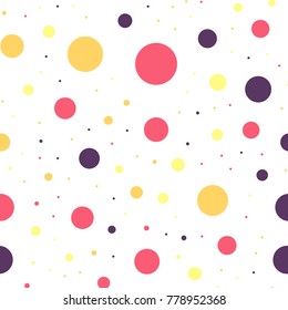 Colorful polka dots seamless pattern on white 25 background. Charming classic colorful polka dots textile pattern. Seamless scattered confetti fall chaotic decor. Abstract vector illustration.