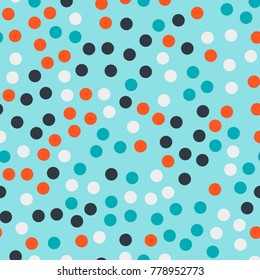 Colorful polka dots seamless pattern on bright 17 background. Enchanting classic colorful polka dots textile pattern. Seamless scattered confetti fall chaotic decor. Abstract vector illustration.