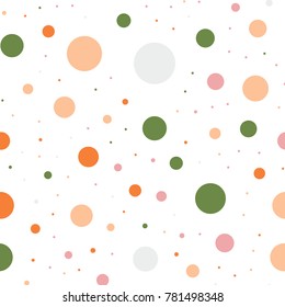 Colorful polka dots seamless pattern on white 14 background. Bewitching classic colorful polka dots textile pattern. Seamless scattered confetti fall chaotic decor. Abstract vector illustration.