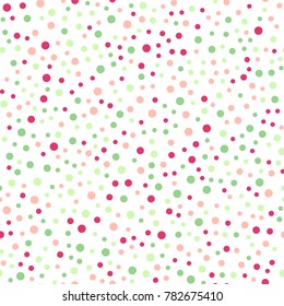 Colorful polka dots seamless pattern on white 20 background. Fair classic colorful polka dots textile pattern. Seamless scattered confetti fall chaotic decor. Abstract vector illustration.