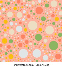 Colorful polka dots seamless pattern on bright 5 background. Superb classic colorful polka dots textile pattern. Seamless scattered confetti fall chaotic decor. Abstract vector illustration.