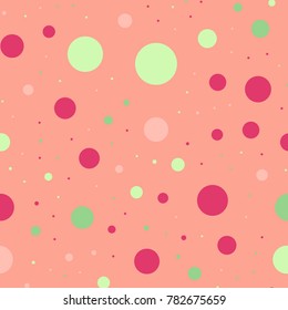Colorful polka dots seamless pattern on bright 20 background. Brilliant classic colorful polka dots textile pattern. Seamless scattered confetti fall chaotic decor. Abstract vector illustration.