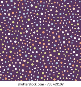 Colorful polka dots seamless pattern on bright 11 background. Majestic classic colorful polka dots textile pattern. Seamless scattered confetti fall chaotic decor. Abstract vector illustration.