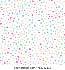 Colorful polka dots seamless pattern on white 3 background. Ideal classic colorful polka dots textile pattern. Seamless scattered confetti fall chaotic decor. Abstract vector illustration.