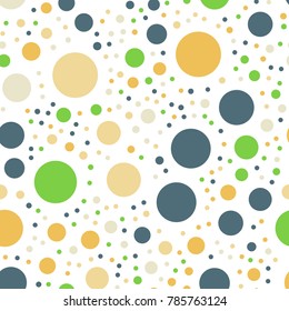 Colorful polka dots seamless pattern on black 13 background. Mesmeric classic colorful polka dots textile pattern. Seamless scattered confetti fall chaotic decor. Abstract vector illustration.