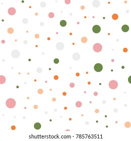 Colorful polka dots seamless pattern on white 14 background. Adorable classic colorful polka dots textile pattern. Seamless scattered confetti fall chaotic decor. Abstract vector illustration.