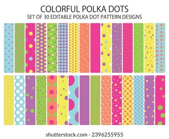 COLORIDOS PUNTOS DE POLKA: Juego de 30 diseños editables del patrón de puntos de Polka