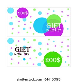 Colorful polka dots Shop Gift cards or Discount coupon vector illustration. Shopping certificate design.
Universal modern voucher card templates with colorful circles for holidays
