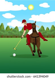 Colorful polo sport template with player riding horse and holding club on green field vector illustration
