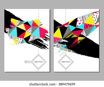 Colorful polygon brush stroke card backgrounds set. Template for brochures greeting, business, party cards, notebooks. Trendy colors. 
