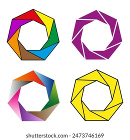 Colorful polygon shapes. Abstract geometric designs. Vector lens set. Bright modern icons.