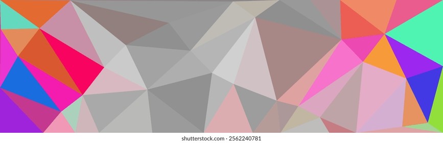 A colorful polygonal abstract background with a mix of vibrant and muted tones, including gray, pink, orange, green, and purple, creating a modern and dynamic visual.