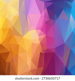 Colorful polygonal background with abstract geometric shapes. Vibrant colorful polygonal background features a warm gradient of yellow, purple, and blue. Modern mosaic design creates a dynamic colorful polygonal background.