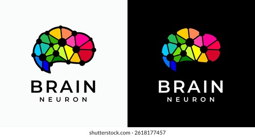 Colorful polygonal brain shape vector logo design with dots connection in modern, simple, clean and abstract style. Icon for business, technology, science and personal branding.
