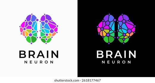 Colorful polygonal brain shape vector logo design with dots connection in modern, simple, clean and abstract style. Icon for business, technology, science and personal branding.