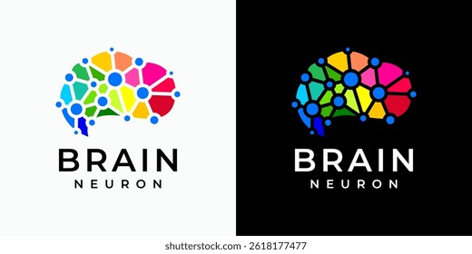 Colorful polygonal brain shape vector logo design with dots connection in modern, simple, clean and abstract style. Icon for business, technology, science and personal branding.