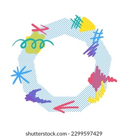 Colorful polygonal frame element with doodle lines. Editable vector template for card, invitation, social media post, poster, mobile app, web ad. Simple vector isolated on white background