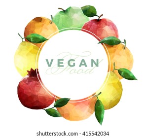 colorful polygonal fruits colorful pattern. Grapefruit, lemon, garnet, apple, orange with leafs. Vector pattern with Vegan Food text