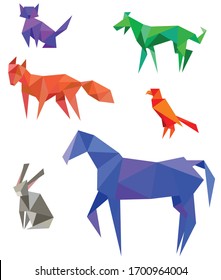 Colorful polygonal horse, fox, parrot, rabbit, cat and dog
