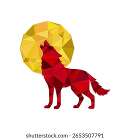 Ilustração poligonal colorida retratando um lobo vermelho uivando em uma lua cheia amarela. Representa a natureza selvagem e o estilo geométrico artístico.