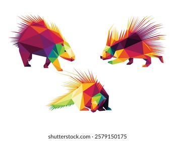 Colorful polygonal illustration set of porcupine animal. Porcupine colorful illustration logo collection. hedgehog colorful Abstract vector set