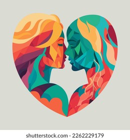 Colorful Polygonal Lesbian Couple Character Kissing On Gray Background. LGBTQ or Valentine's Day Concept.