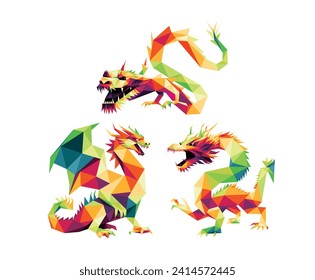 Colorful Polygonal low poly. Fierce Dragon in Colorful abstract Illustration. Collection of Flying Dragon Colorful Logo Vector