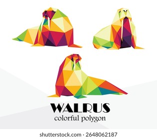 Colorful Polygonal low Poly set of walrus animal. Colorful Walrus Abstract vector collection. Colorful illustration vector of walrus for kids animal book