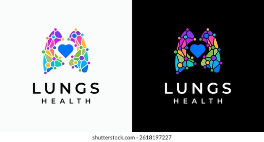 Colorful polygonal lung and heart shape vector logo design with dots connection in modern, simple, clean and abstract style. Icon for business, health, science and personal branding.