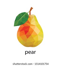 Colorful polygonal pear with green leaf on white isolated background
