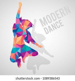 Colorful polygonal silhouette of jumping girl dancing modern dance. Modern dance lettering. Multicolored polygonal detailed vector silhouette.