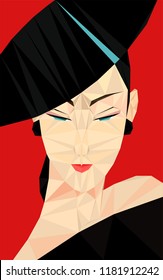 Colorful polygonal style design of asian woman in black hat and with red lips