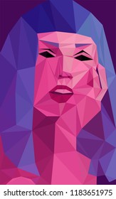 Colorful polygonal style design of asian woman with pink skin and blue hair